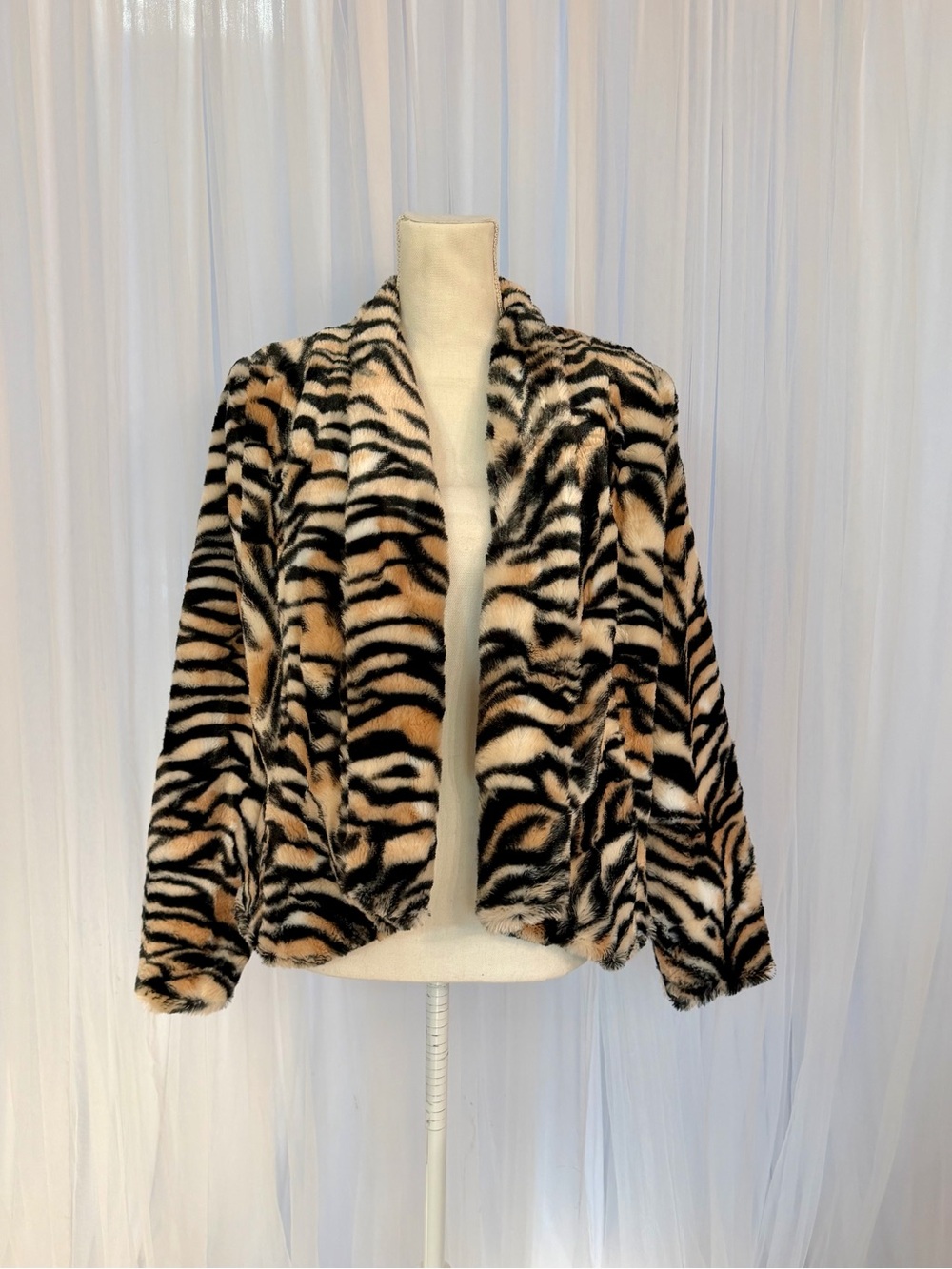 Teddy Zebra-Print Open Front Jacket in Taupe/Black/White